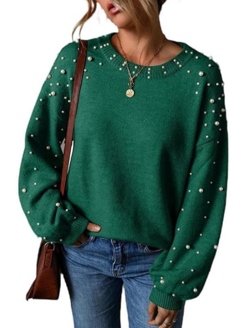 Chic Pearl Knit Sweater for Women | Lantern Sleeve Drop Shoulder Pullover
